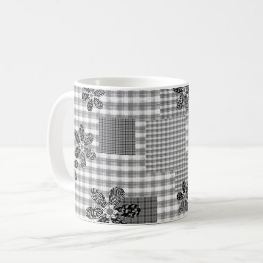 Retro Schwarz-Weiß-Patchwork-Landhaus-Stil Muster Kaffeetasse (Vorderseite Links)