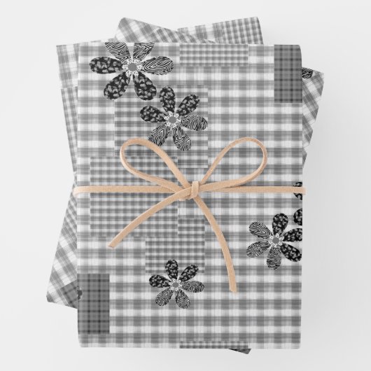 Retro Schwarz-Weiß-Patchwork-Rustikal-Muster Geschenkpapier Set (Beispiel)