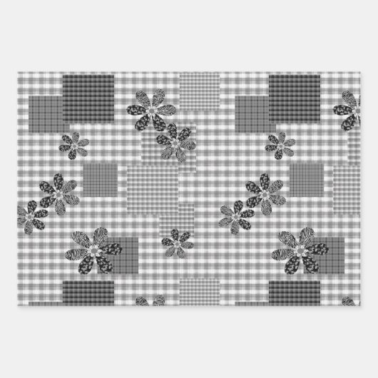Retro Schwarz-Weiß-Patchwork-Rustikal-Muster Geschenkpapier Set (Vorderseite)