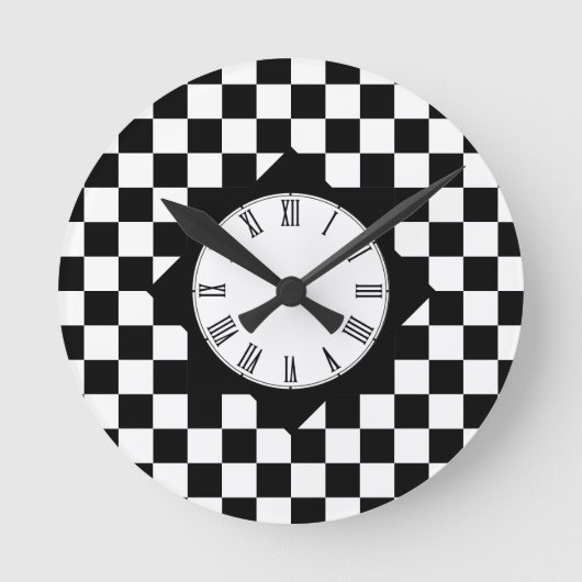Retro Schwarz/Weiß-Quadrat, Checked-Muster Runde Wanduhr (Vorderseite)