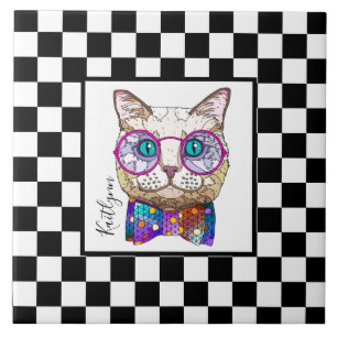 Retro Schwarz-Weiß-Schachbrett, Hipster-Katze, per Fliese