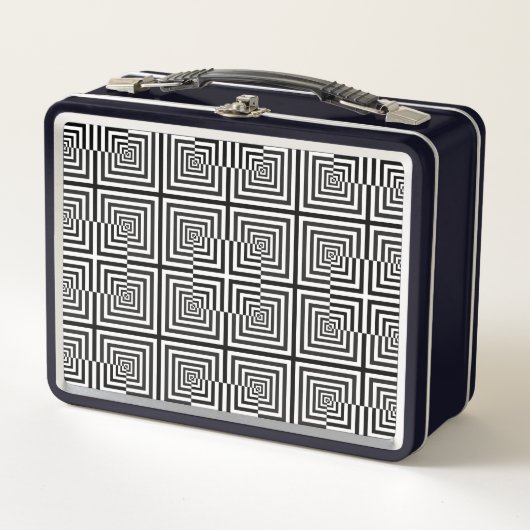 Retro Schwarz-weiß Squares Psychedelic Pattern Metall Brotdose (Vorderseite)