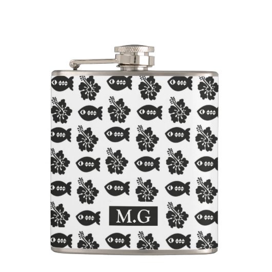Retro Schwarz-Weiß-Tiki-Muster Monogramm Flachmann (Vorderseite)