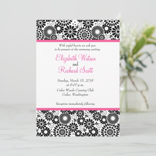 Retro Schwarz-weiße Blume Einladung (Stehend Vorderseite)