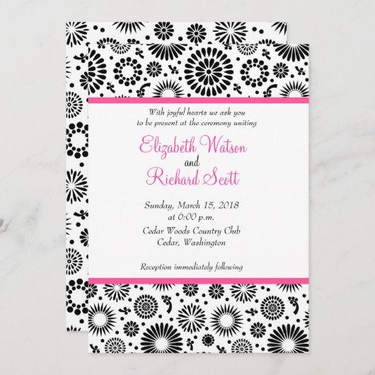 Retro Schwarz-weiße Blume Einladung (Vorne/Hinten)