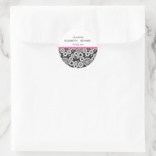 Retro Schwarz-weiße Blume "Save the Date" Aufklebe Runder Aufkleber (Tasche)