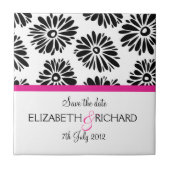 Retro Schwarz-weiße Blume "Save the Date"-Tile Fliese (Vorderseite)