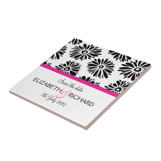 Retro Schwarz-weiße Blume "Save the Date"-Tile Fliese (Seite)