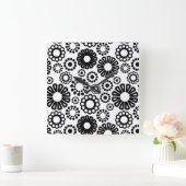 Retro-Schwarz-weiße Blume Wall Clock Quadratische Wanduhr (Zuhause)