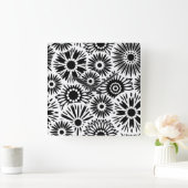 Retro-Schwarz-weiße Blume Wall Clock Quadratische Wanduhr (Zuhause)