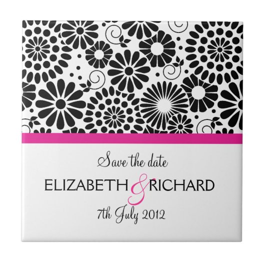 Retro schwarz-weiße Blumen "Save the Date" Kachel (Vorderseite)