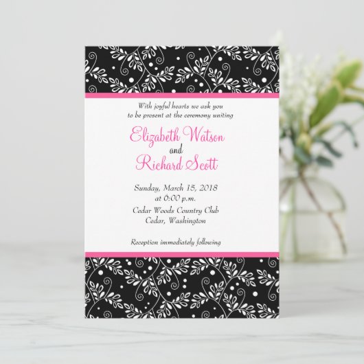 Retro Schwarz-weiße Blumenhochzeit Einladung (Stehend Vorderseite)