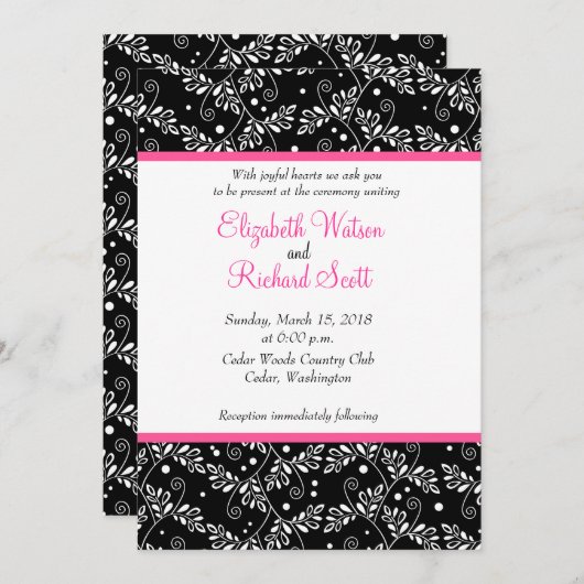 Retro Schwarz-weiße Blumenhochzeit Einladung (Vorne/Hinten)