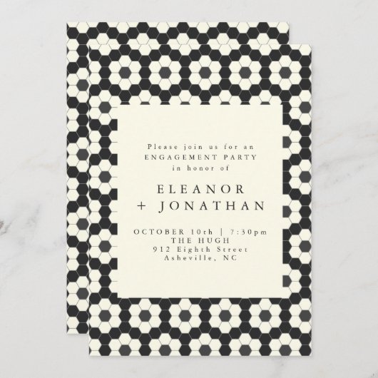 Retro Schwarz-weiße geometrische Tile-Engagement-P Einladung (Vorne/Hinten)