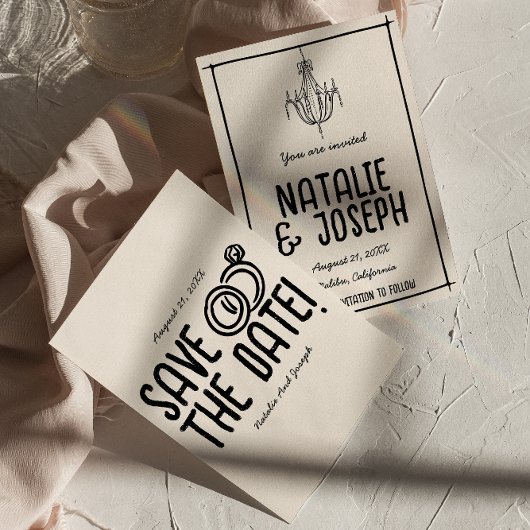 Retro Schwarz-weiße Hand gezeichnet Quirky Einziga Save The Date