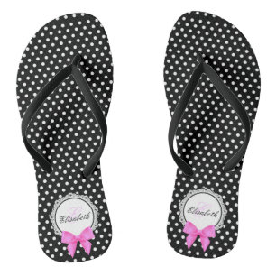 Retro Schwarz-weiße Polka Punkt rosa Bug Name Frau Badesandalen