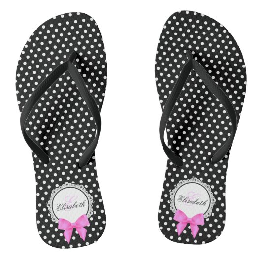 Retro Schwarz-weiße Polka Punkt rosa Bug Name Frau Badesandalen (Fußbett)