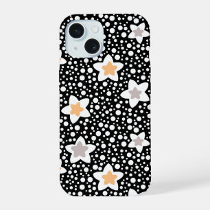 Retro schwarz-weiße Polka-Punkte mit Sternen iPhone 15 Hülle