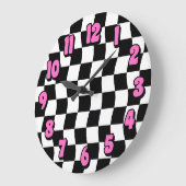 Retro-Schwarz-weißes Wavy-Checkerboard-Muster Große Wanduhr (Winkel)