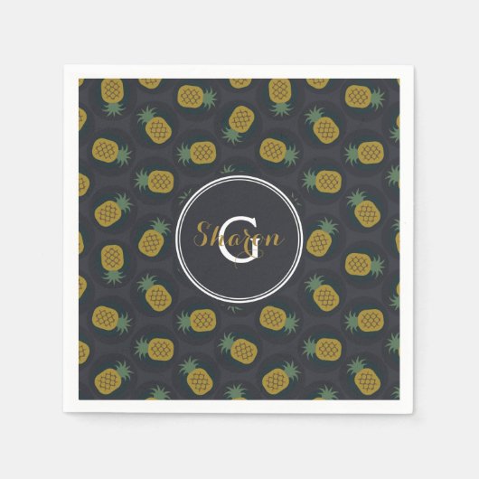 Retro-schwarze Ananasmuster mit goldener Monogramm Serviette (Vorderseite)
