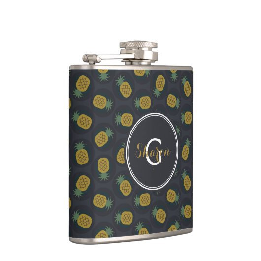 Retro schwarze Goldananas kopiert Monogramm Flachmann (Rechts)