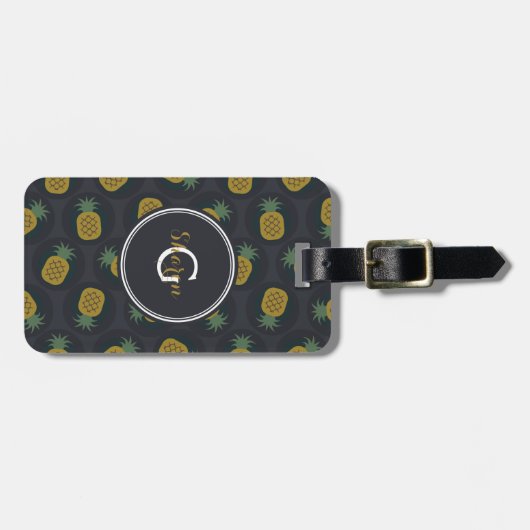 Retro schwarze Goldananas kopiert Monogramm Gepäckanhänger (Vorderseite horizontal)