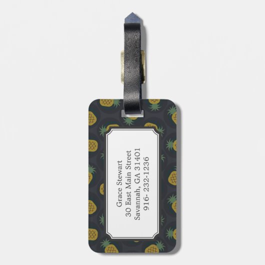 Retro schwarze Goldananas kopiert Monogramm Gepäckanhänger (Rückseite vertikal)