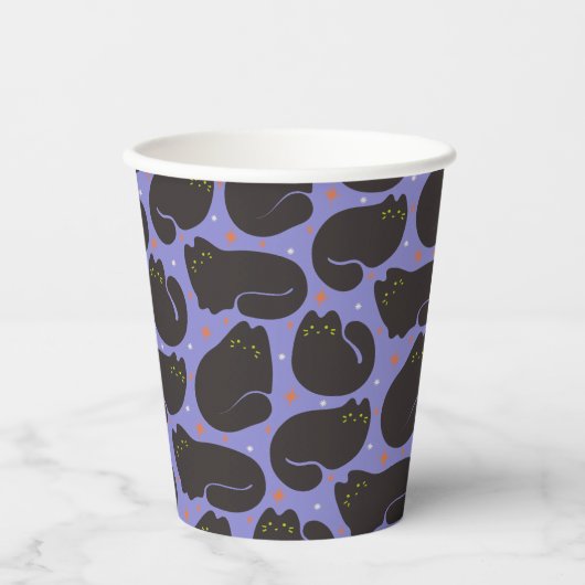Retro-Schwarze Katze in Lila Pappbecher (Vorderseite)