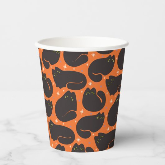 Retro-Schwarze Katze in Orange Pappbecher (Vorderseite)
