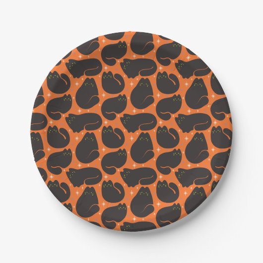 Retro schwarze Katze in Orange Pappteller (Vorderseite)