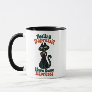 Retro-Schwarze-Katze-Kaffee-Wortspiel in Türkis un Tasse