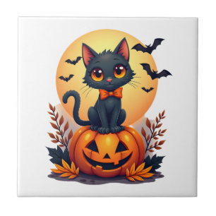 Retro Schwarze Katze Kürbis Halloween-Kostüm Herbs Fliese