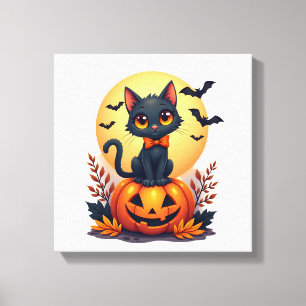 Retro-Schwarze-Katze-Kürbis-Halloween-Kostüm Herbs Leinwanddruck