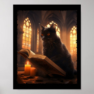 Retro schwarze Katze liest Buch Vintage Halloween Poster
