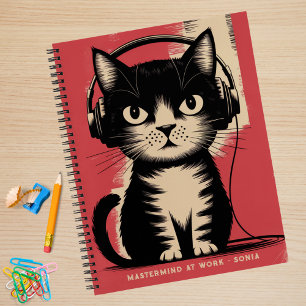Retro-Schwarze Katze, Meisterhirn bei der Arbeit & Notizblock