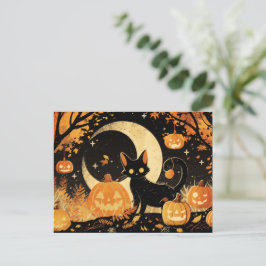 Retro-Schwarze Katze mit Jack-o'-Lanterns Feiertagspostkarte