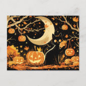 Retro schwarze Katze mit Jack-o’-Lanterns Postkarte (Vorderseite)