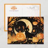 Retro-Schwarze Katze mit Jack-o’-Lanterns Postkarte (Vorne/Hinten)