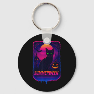 Retro Schwarze Katze Synthwave Neon Gruselig Goth  Schlüsselanhänger