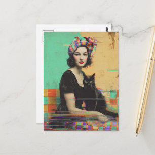 Retro Schwarze Katze und eine Dame Glitch Postkarte