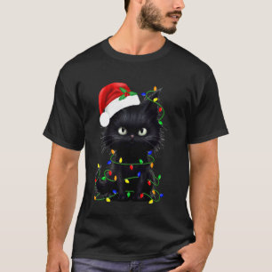 Retro schwarze Katze Weihnachtslicht Lustige Katze T-Shirt