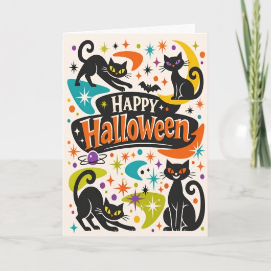 Retro-Schwarze Katzen Halloween Karte (Vorderseite)