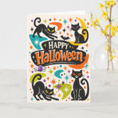 Retro-Schwarze Katzen Halloween Karte (Gelbe Blume)