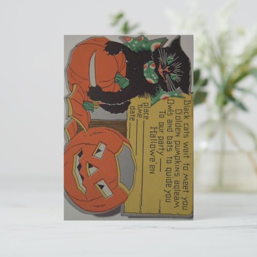 Retro schwarze Katzen-Halloween-Party-Einladung Einladung (Stehend Vorderseite)