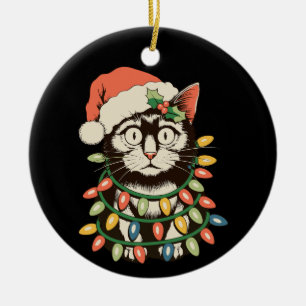 Retro Schwarze Katzen-Weihnachtslichter Lustige We Keramik Ornament