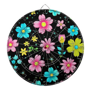 Retro Schwarzes farbenfrohes Blumenmuster Geburtst Dartscheibe