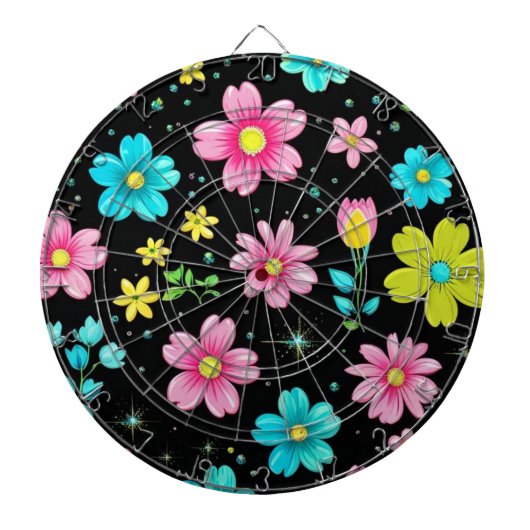 Retro Schwarzes farbenfrohes Blumenmuster Geburtst Dartscheibe (vorne)