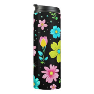 Retro Schwarzes farbenfrohes Blumenmuster Geburtst Thermosbecher