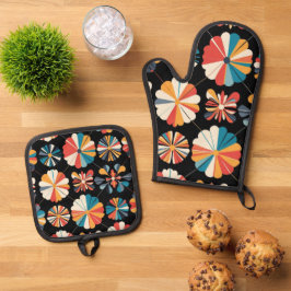 Retro Schwarzes Regenbogen geometrisches Blumenmus Ofenhandschuh & Topflappen-Set