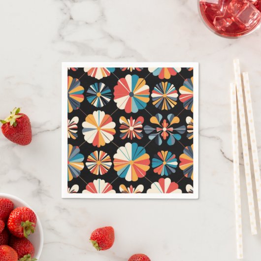 Retro Schwarzes Regenbogen geometrisches Blumenmus Serviette (Beispiel)